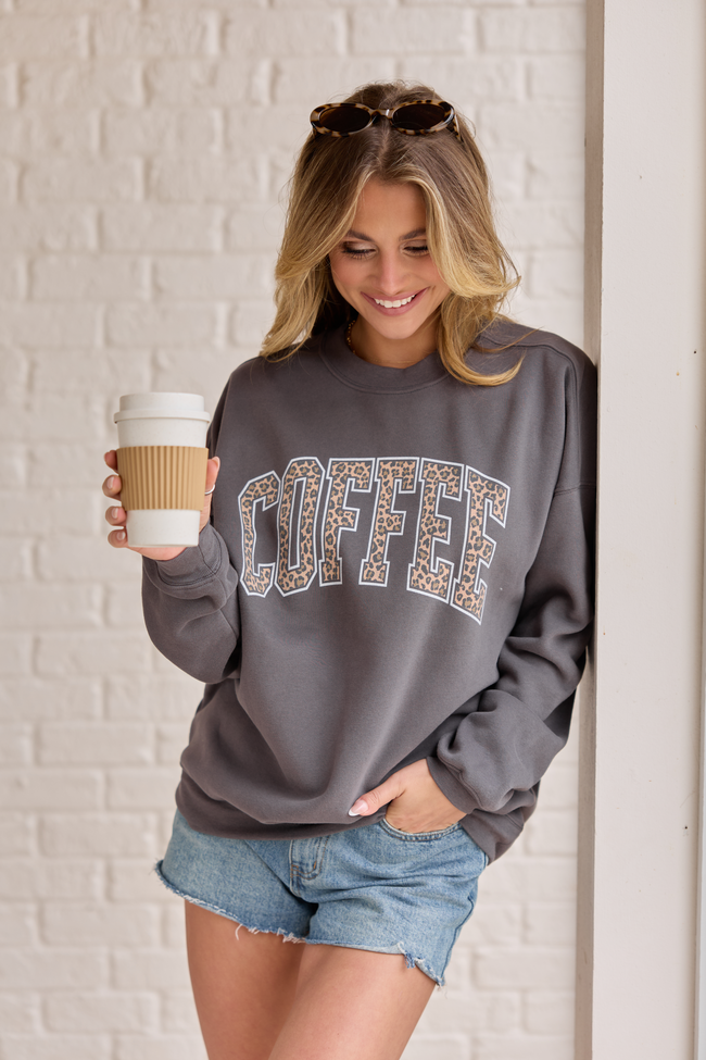 Coffee Leopard Print Dark Grey Oversized Graphic Sweatshirt