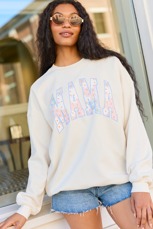 Mama Block Multi Daisy Print Cream Oversized Graphic Sweatshirt