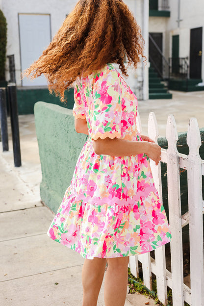 Beautiful You Rose Floral Print Ric Rack Trim Babydoll Dress
