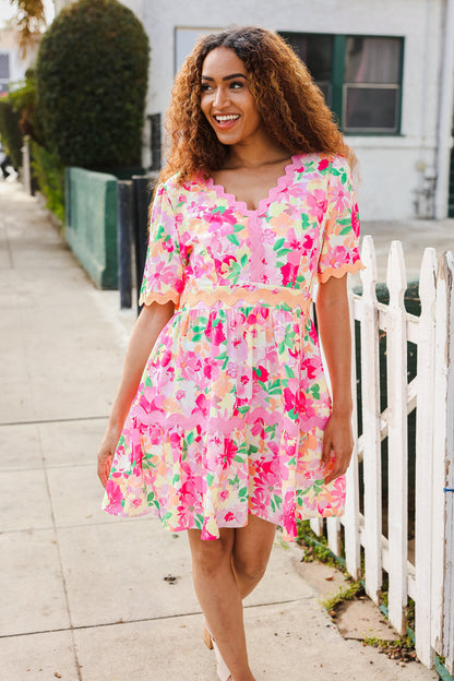 Beautiful You Rose Floral Print Ric Rack Trim Babydoll Dress