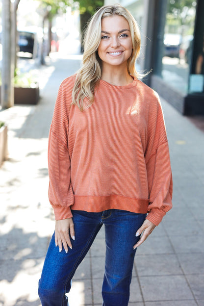 Weekend Ready Rust Mineral Wash Rib Pullover Top