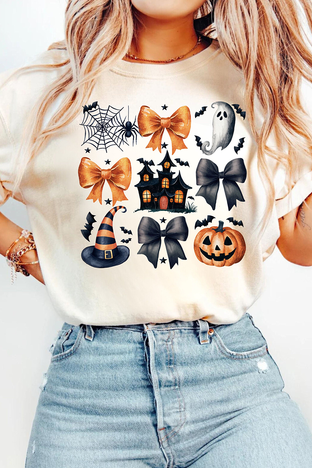 White Halloween Pattern Print Crew Neck T Shirt