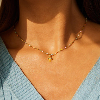 18K Gold-Plated Cross Bead Necklace