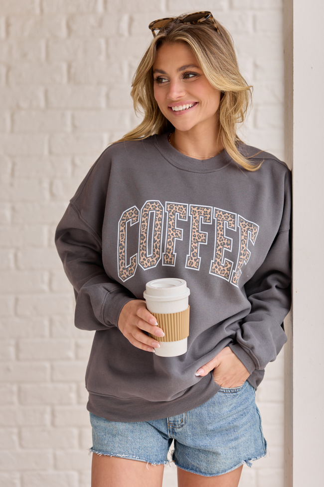 Coffee Leopard Print Dark Grey Oversized Graphic Sweatshirt
