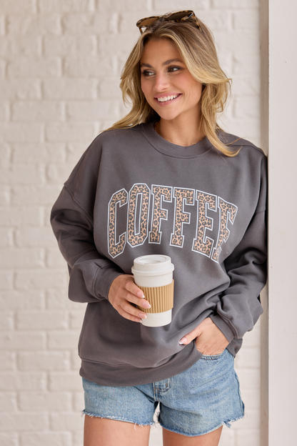 Coffee Leopard Print Dark Grey Oversized Graphic Sweatshirt