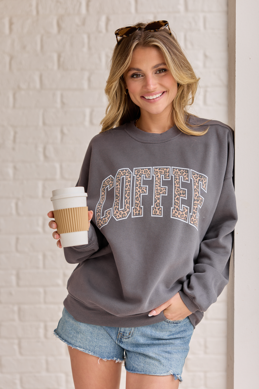 Coffee Leopard Print Dark Grey Oversized Graphic Sweatshirt