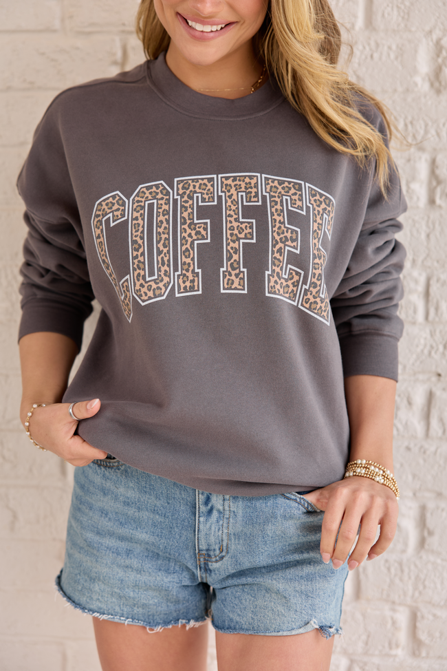 Coffee Leopard Print Dark Grey Oversized Graphic Sweatshirt