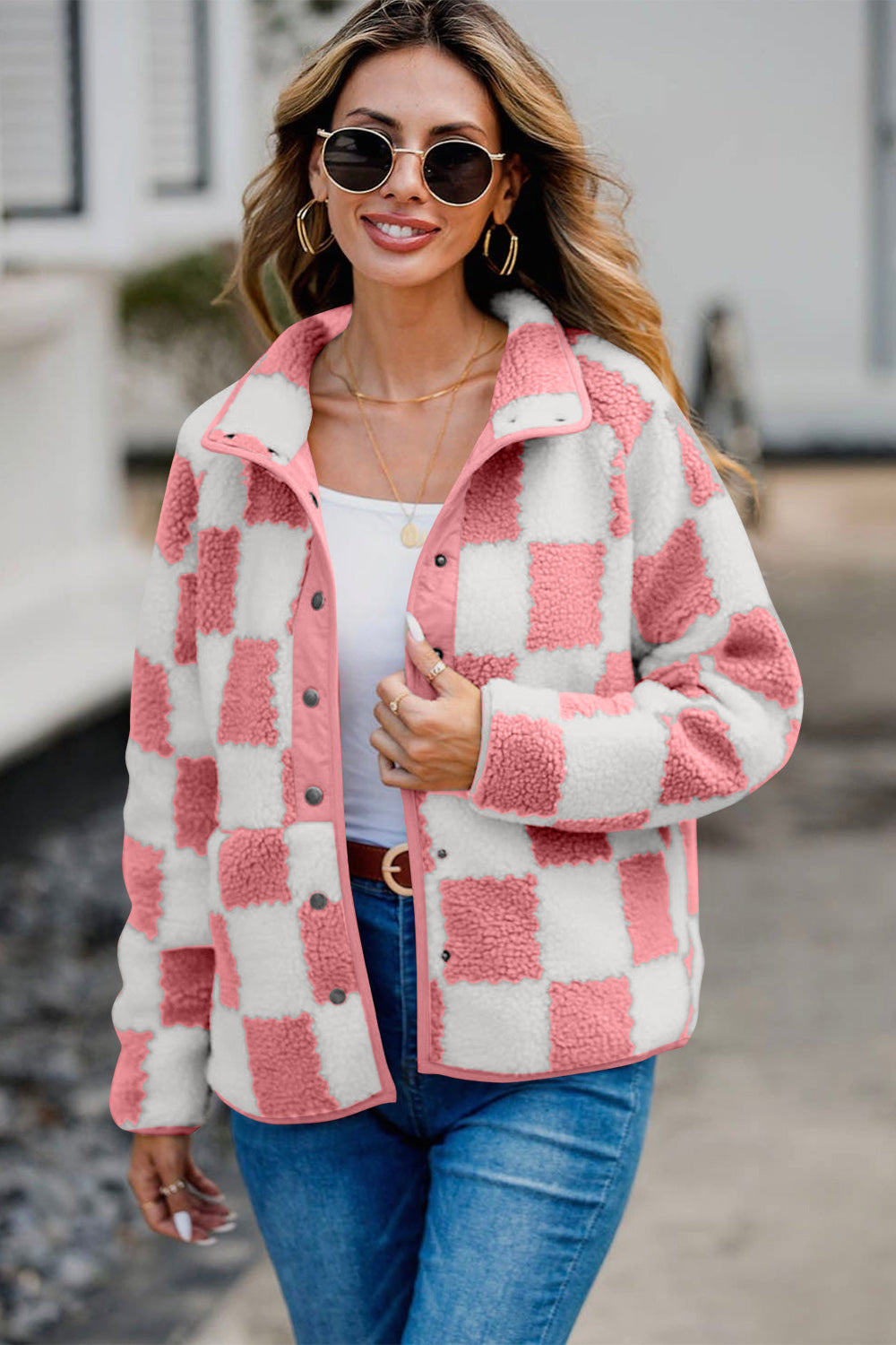 Checkered Snap Down Long Sleeve Teddy Jacket