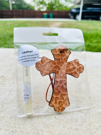 Leather Cross Air Freshener with Spray