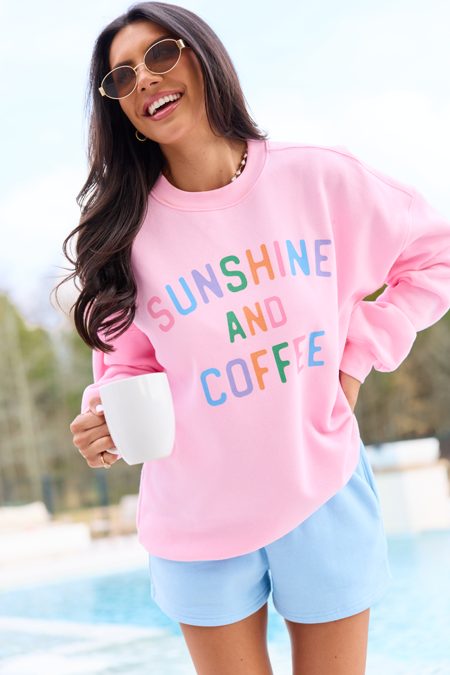 Sunshine And Coffee Light Pink Oversized Graphic Sweatshirt