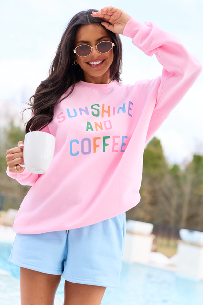 Sunshine And Coffee Light Pink Oversized Graphic Sweatshirt
