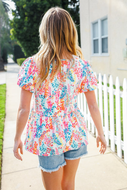 Perfect Find Ivory Floral Leaf Print Short Sleeve Babydoll Top