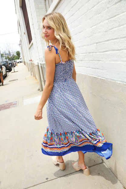Follow Me Navy Boho Print Smocked Shoulder Tie Border Hem Dress