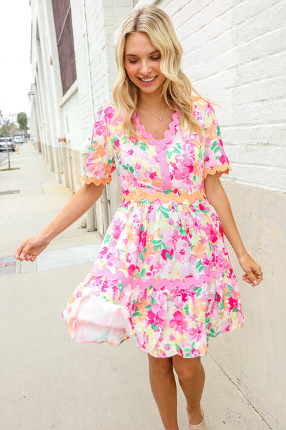 Beautiful You Rose Floral Print Ric Rack Trim Babydoll Dress