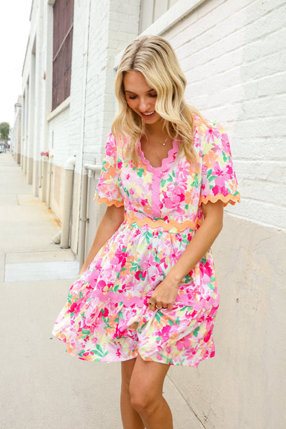 Beautiful You Rose Floral Print Ric Rack Trim Babydoll Dress