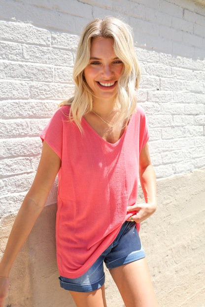 Summer Vibes Coral Relaxed Fit Jacquard Knitted Top