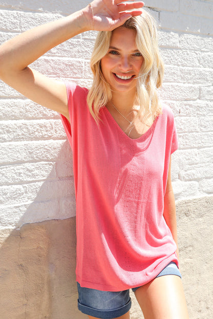 Summer Vibes Coral Relaxed Fit Jacquard Knitted Top