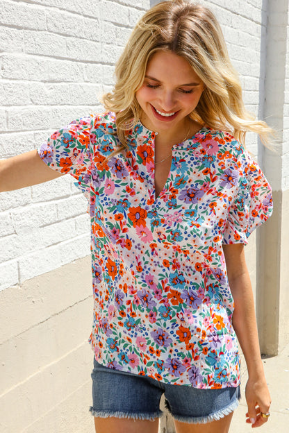 Beautiful You Ivory Floral Print Notch Neck Puff Short Sleeve Top
