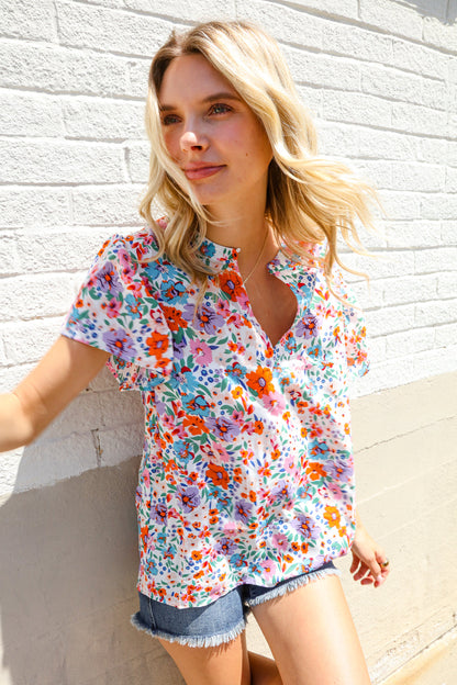 Beautiful You Ivory Floral Print Notch Neck Puff Short Sleeve Top