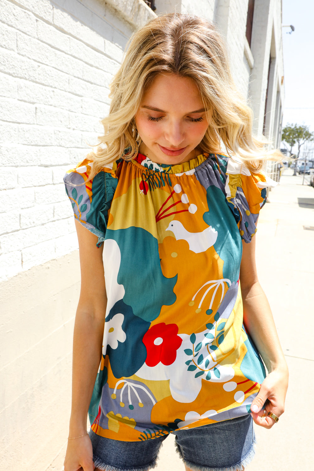 Be Bold Multicolor Abstract Print Flutter Sleeve Mock Neck Top