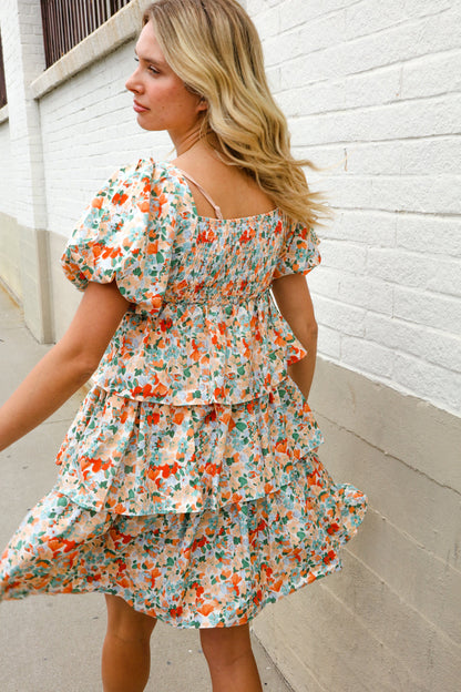 Find Love Floral Print Smocked Neck Puff Sleeve Ruffle Tiered Dress