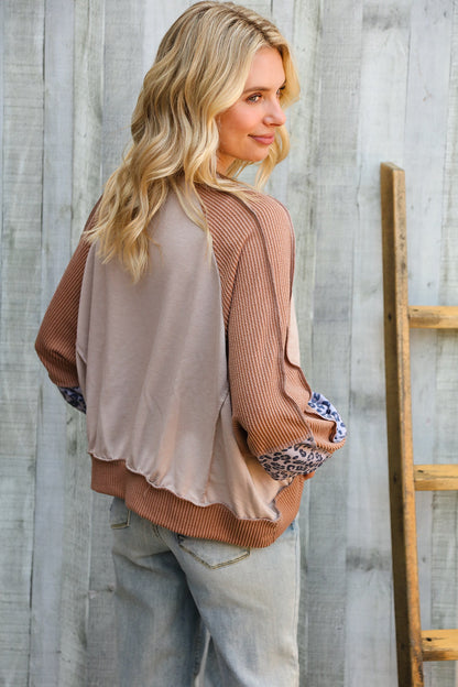 Lock Eyes Taupe & Animal Print Dolman Colorblock Terry Top