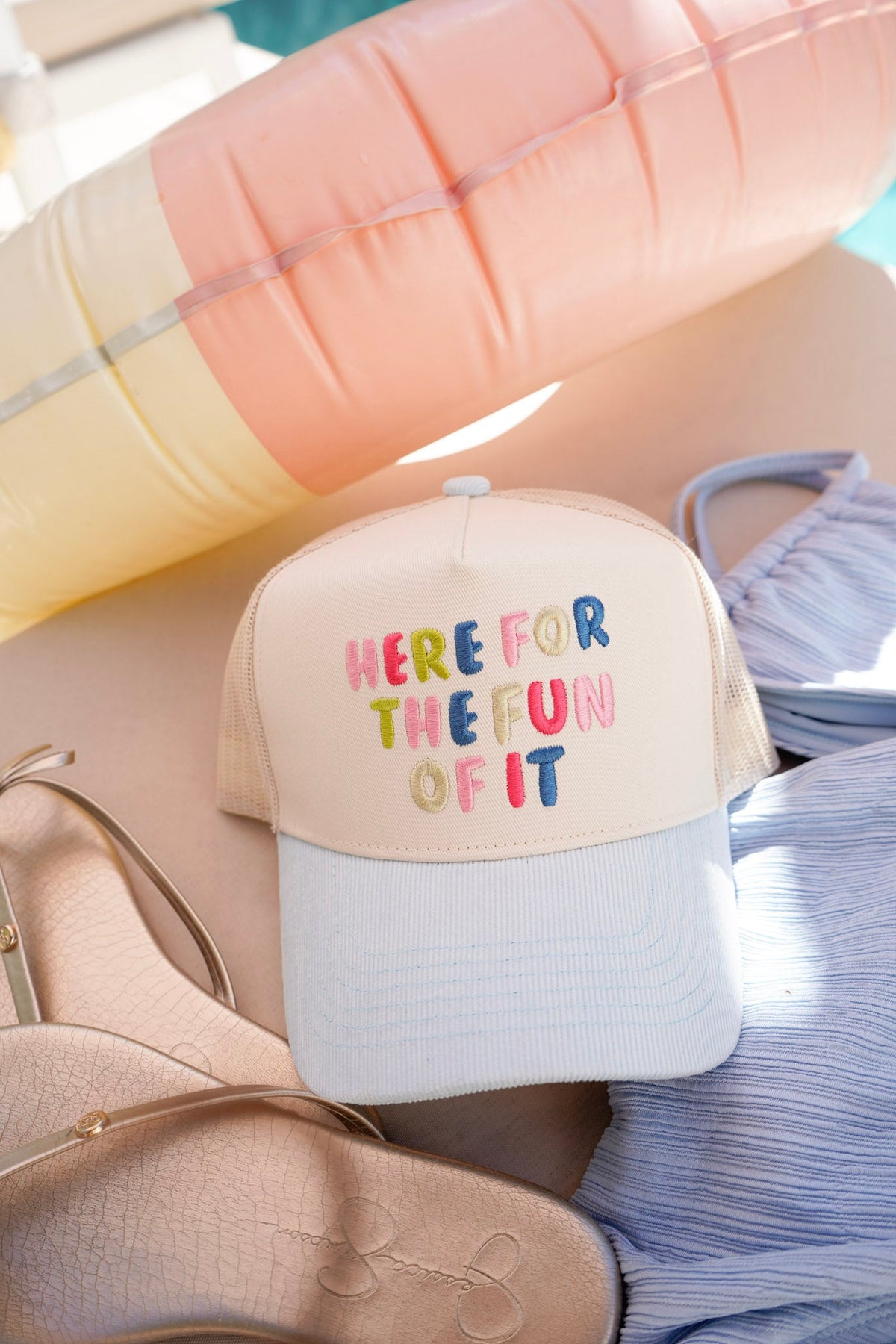 Here for the Fun of it - Baby Blue Corduroy Trucker Hat