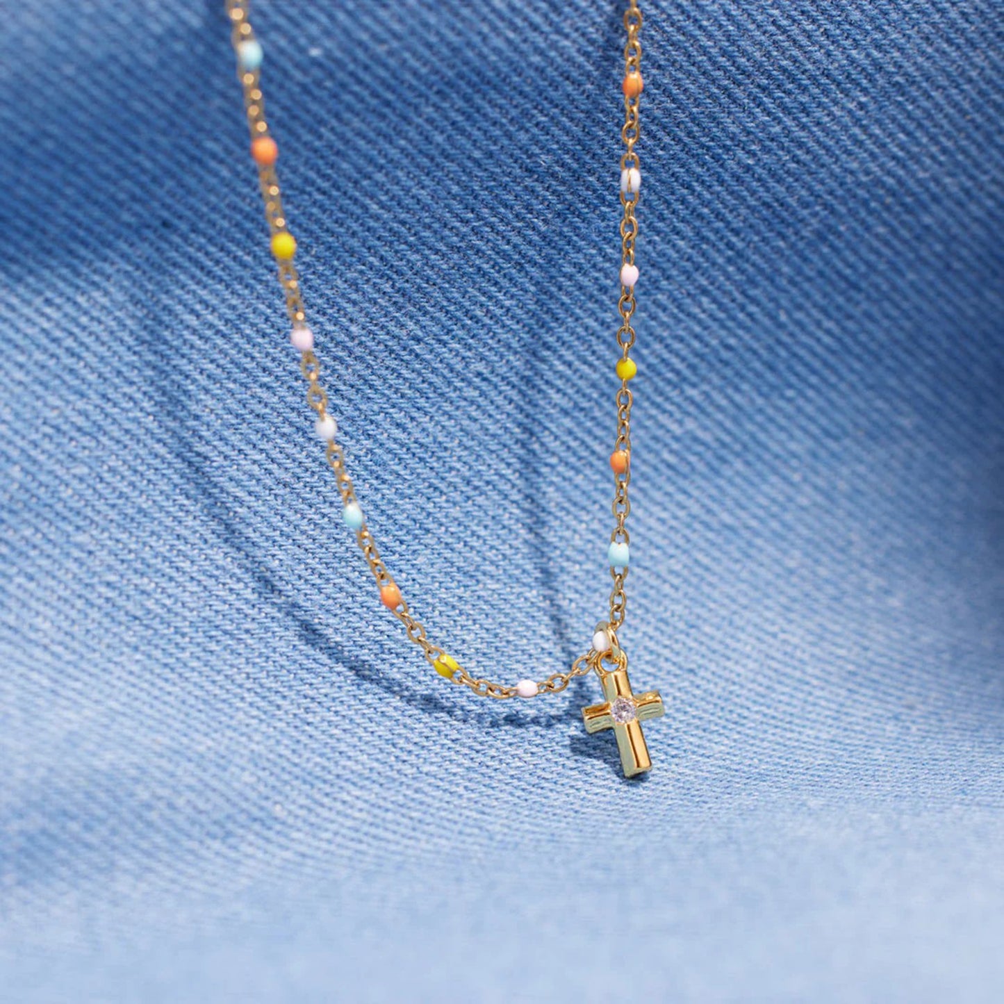 18K Gold-Plated Cross Bead Necklace