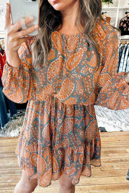 Orange Paisley Print Loose Fit Drawstring High Waist Mini Dress