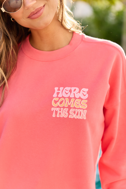 Here Comes The Sun Light Red Oversized Graphic Sweatshirt