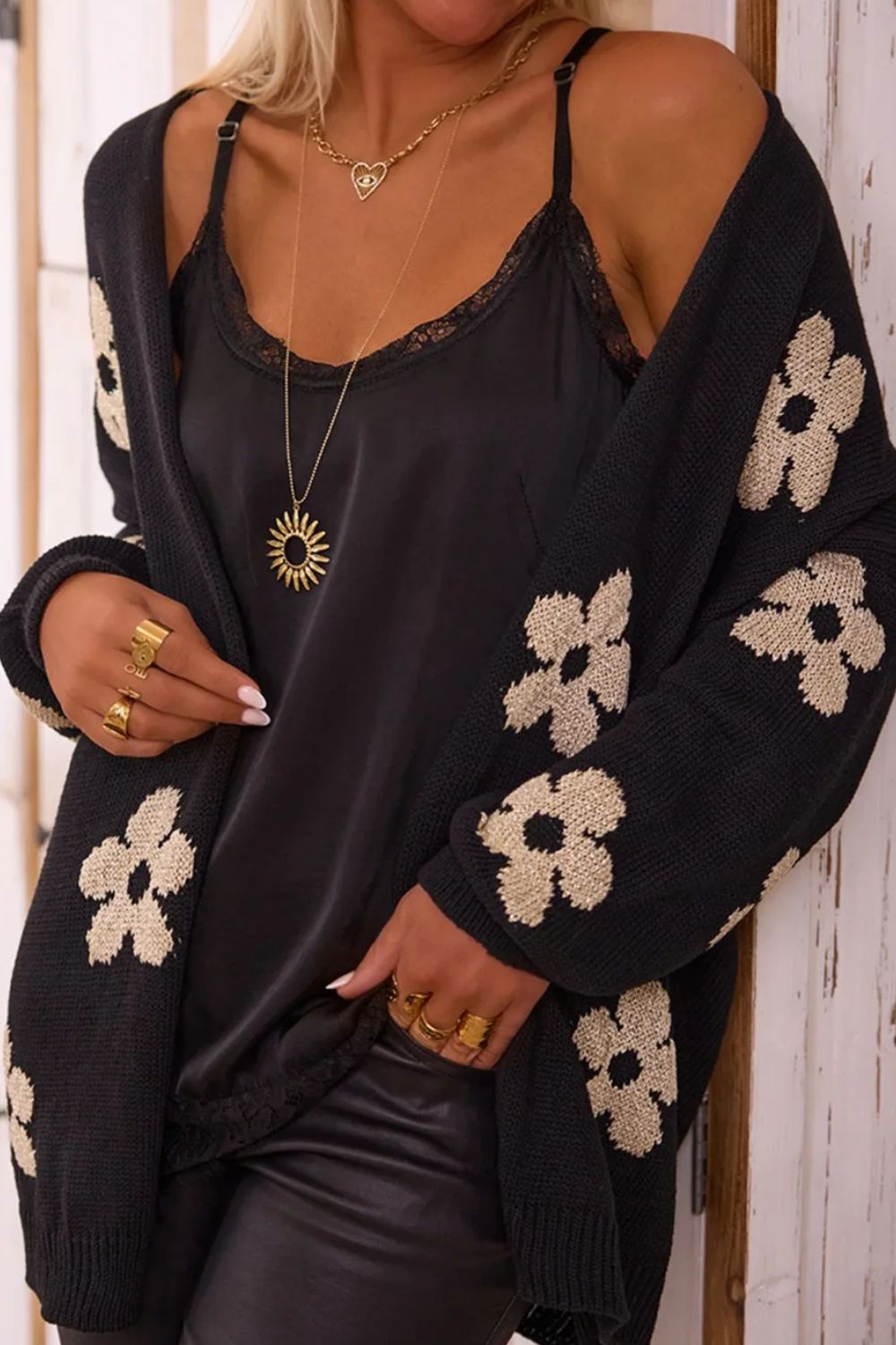 Flower Open Front Long Sleeve Cardigan