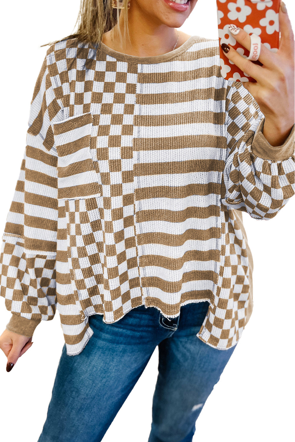 Khaki Checkered Striped Patchwork Lantern Sleeve Top