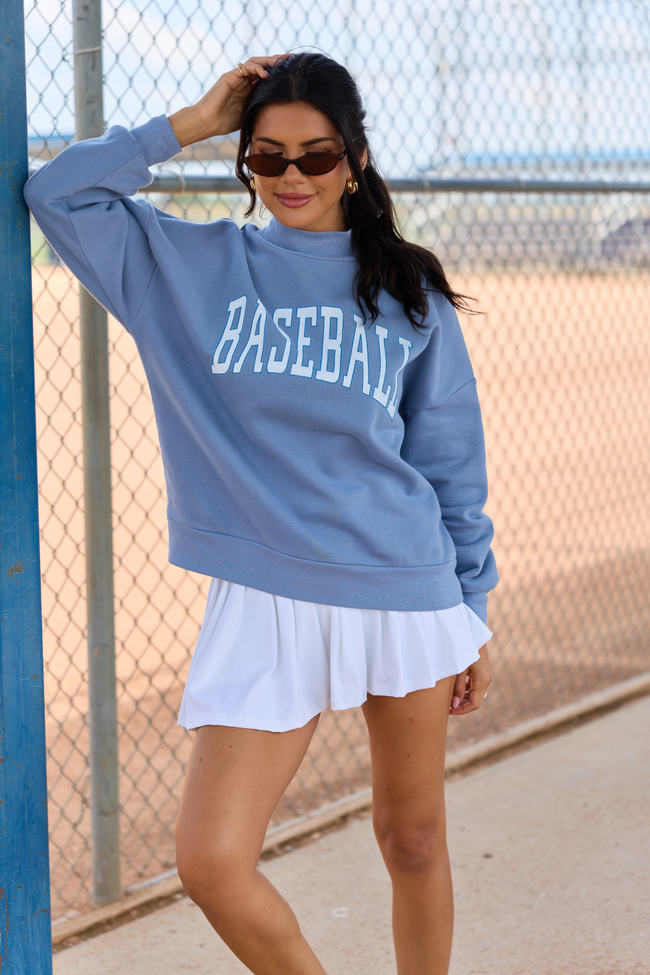CYBER DEAL: Varsity Baseball Storm Blue Graphic Mock Neck Sweatshirt