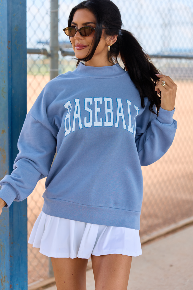 CYBER DEAL: Varsity Baseball Storm Blue Graphic Mock Neck Sweatshirt