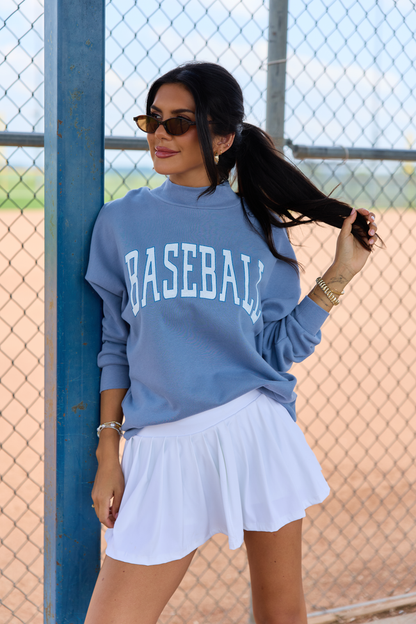 CYBER DEAL: Varsity Baseball Storm Blue Graphic Mock Neck Sweatshirt
