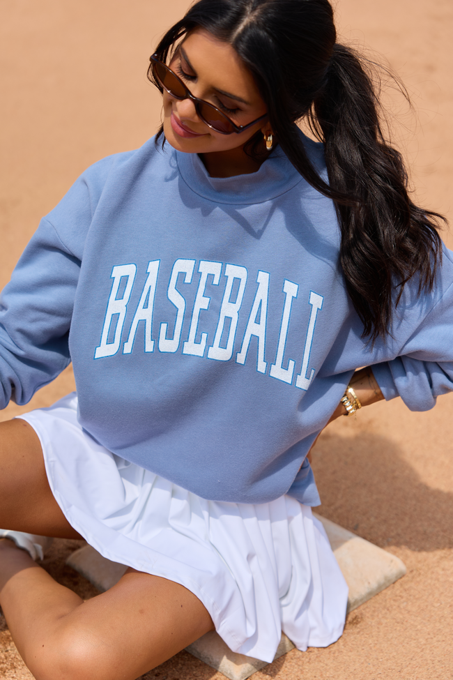 CYBER DEAL: Varsity Baseball Storm Blue Graphic Mock Neck Sweatshirt