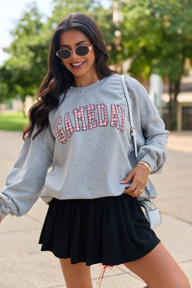 Gameday Red Gingham Light Grey Oversized Graphic Sweatshirt