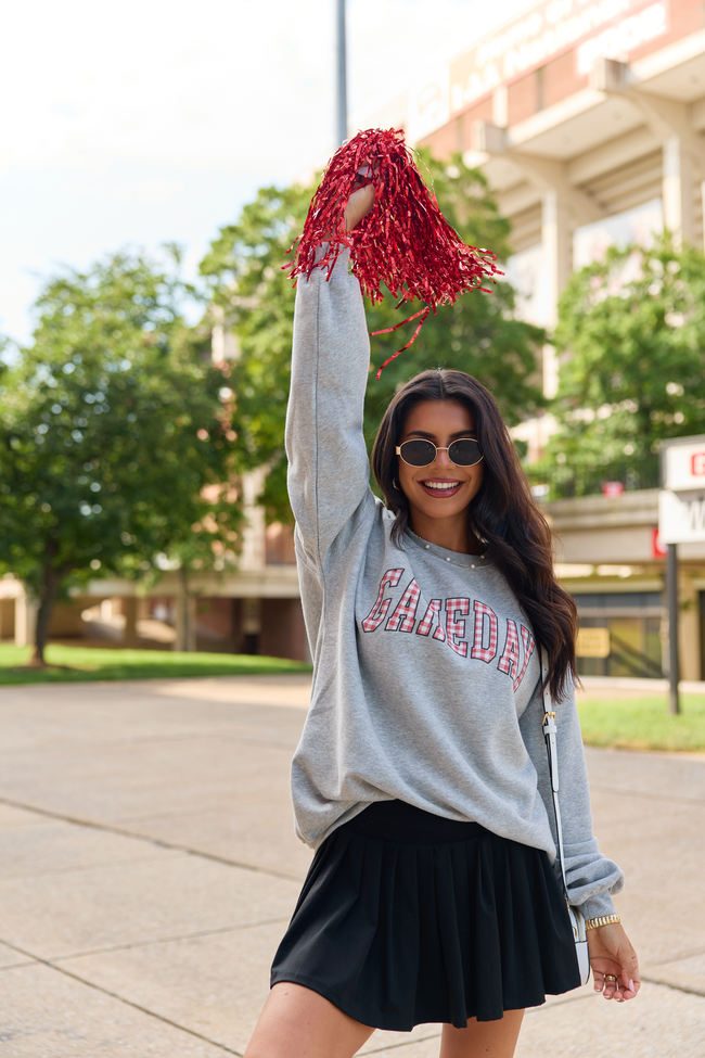 Gameday Red Gingham Light Grey Oversized Graphic Sweatshirt