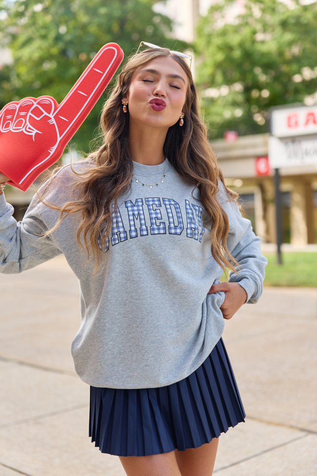 Gameday Navy Gingham Light Grey Oversized Graphic Sweatshirt