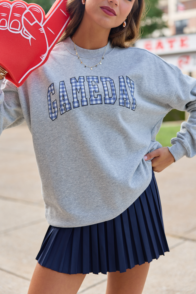 Gameday Navy Gingham Light Grey Oversized Graphic Sweatshirt