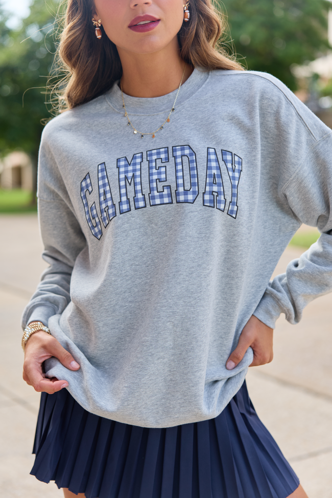 Gameday Navy Gingham Light Grey Oversized Graphic Sweatshirt