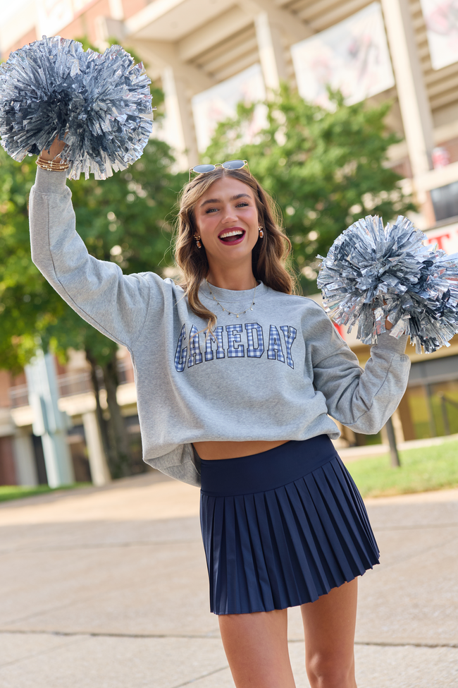 Gameday Navy Gingham Light Grey Oversized Graphic Sweatshirt