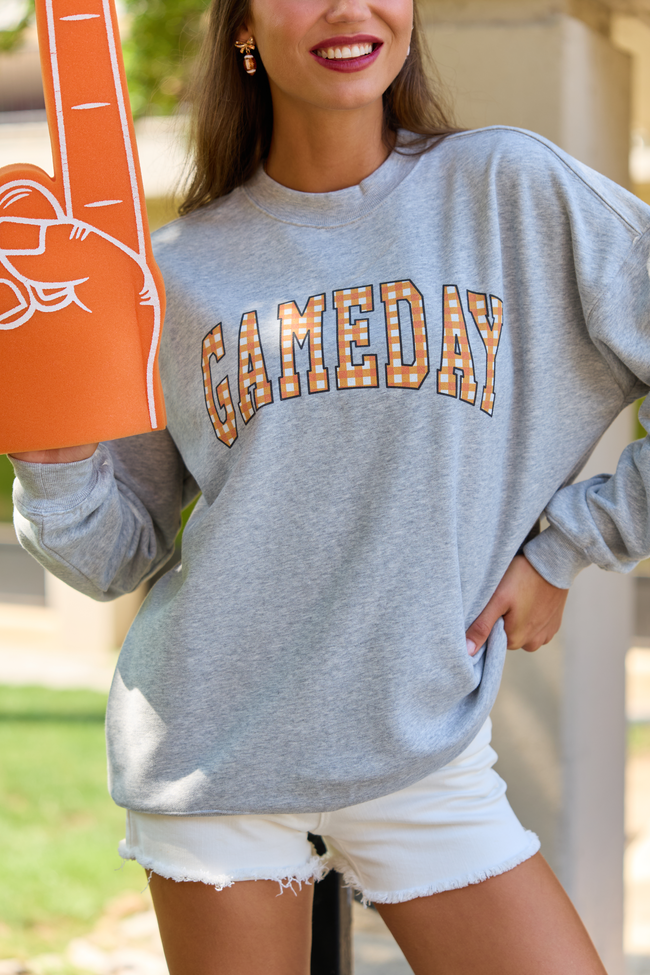Gameday Orange Gingham Light Grey Oversized Graphic Sweatshirt