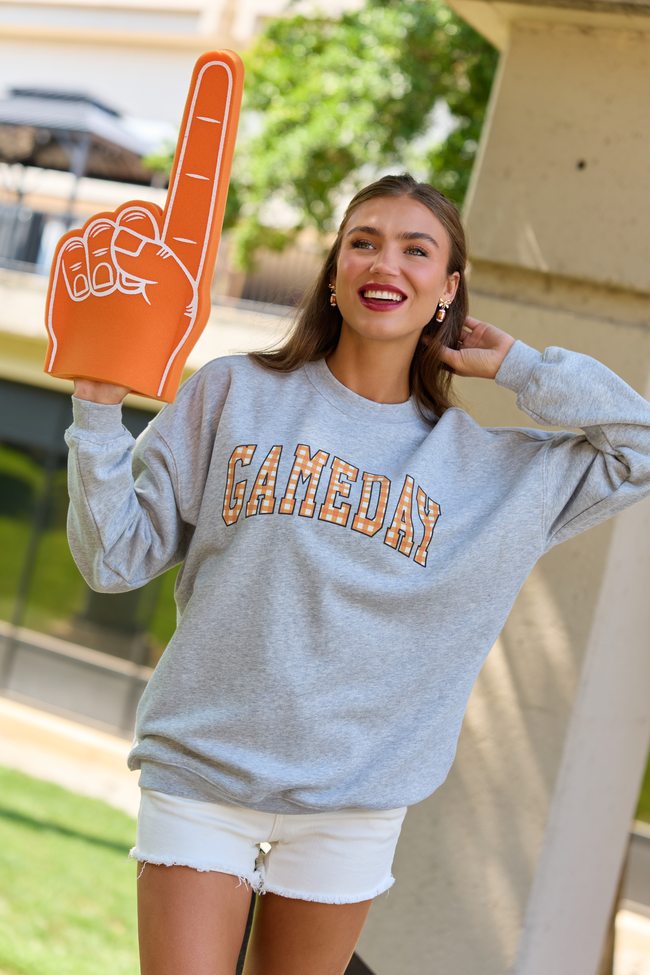 Gameday Orange Gingham Light Grey Oversized Graphic Sweatshirt