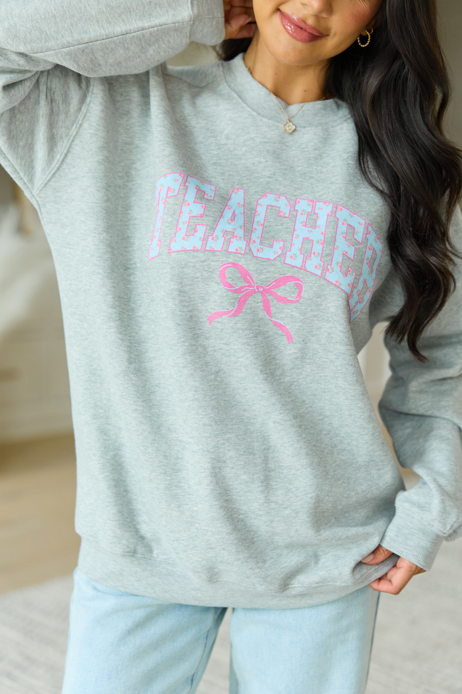 Teacher Block Florals Light Grey Oversized Graphic Sweatshirt