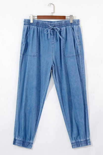 Dusk Blue Drawstring Waist Pocketed Plus Size Denim Joggers