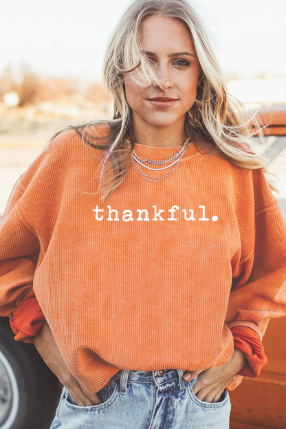 Orange Thankful Ribbed Crew Neck Thanksgiving Sweatshirt