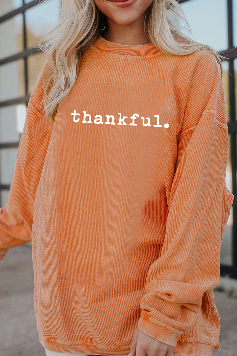 Orange Thankful Ribbed Crew Neck Thanksgiving Sweatshirt