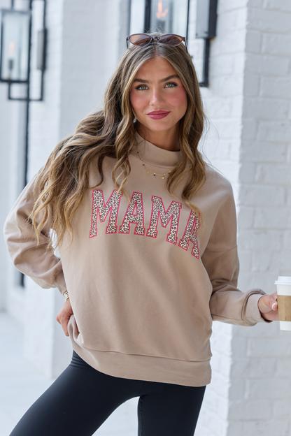 Mama Leopard Taupe Mock Neck Oversized Graphic Sweatshirt