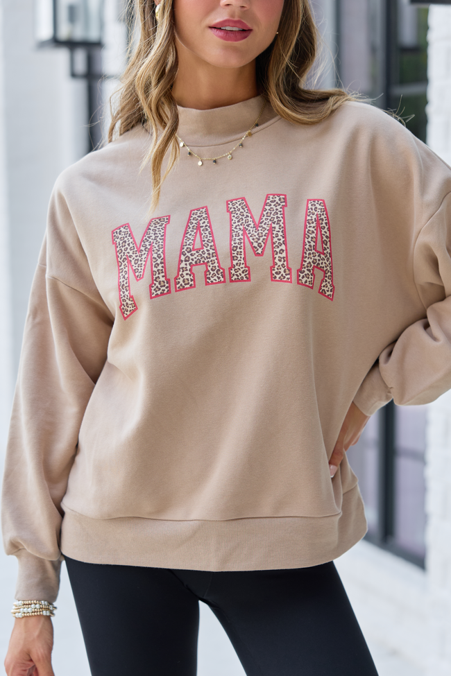 Mama Leopard Taupe Mock Neck Oversized Graphic Sweatshirt